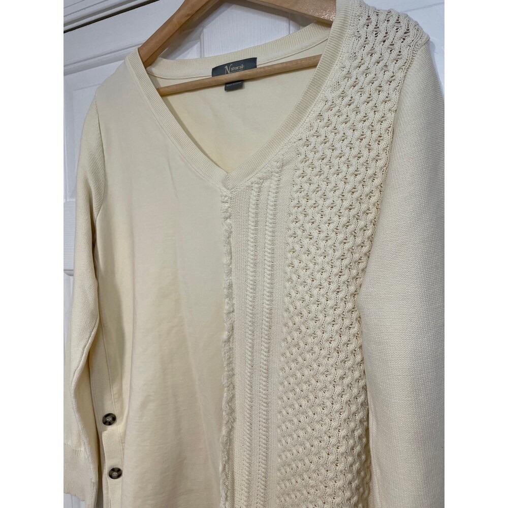Natural Reflections Cotton V-Neck Textured‎ Knit Sweater Long Tunic Cream L Warm